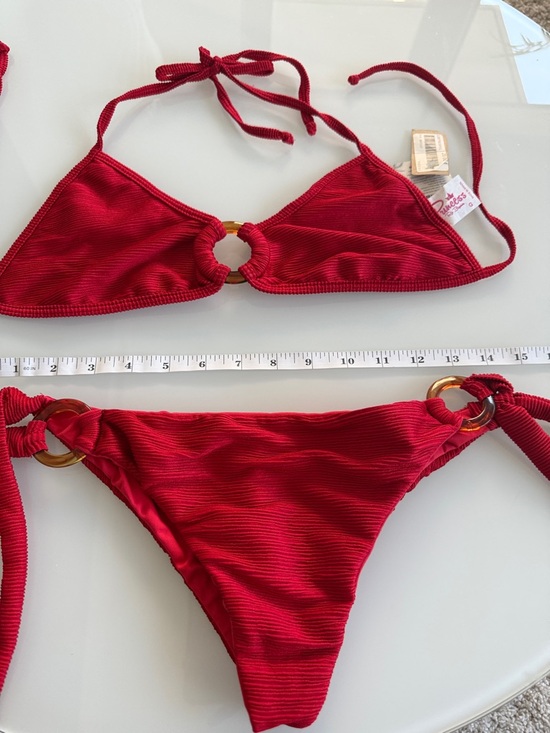 None Other - Women’s Red Ring-Accent Ribbed Triangle Bikini